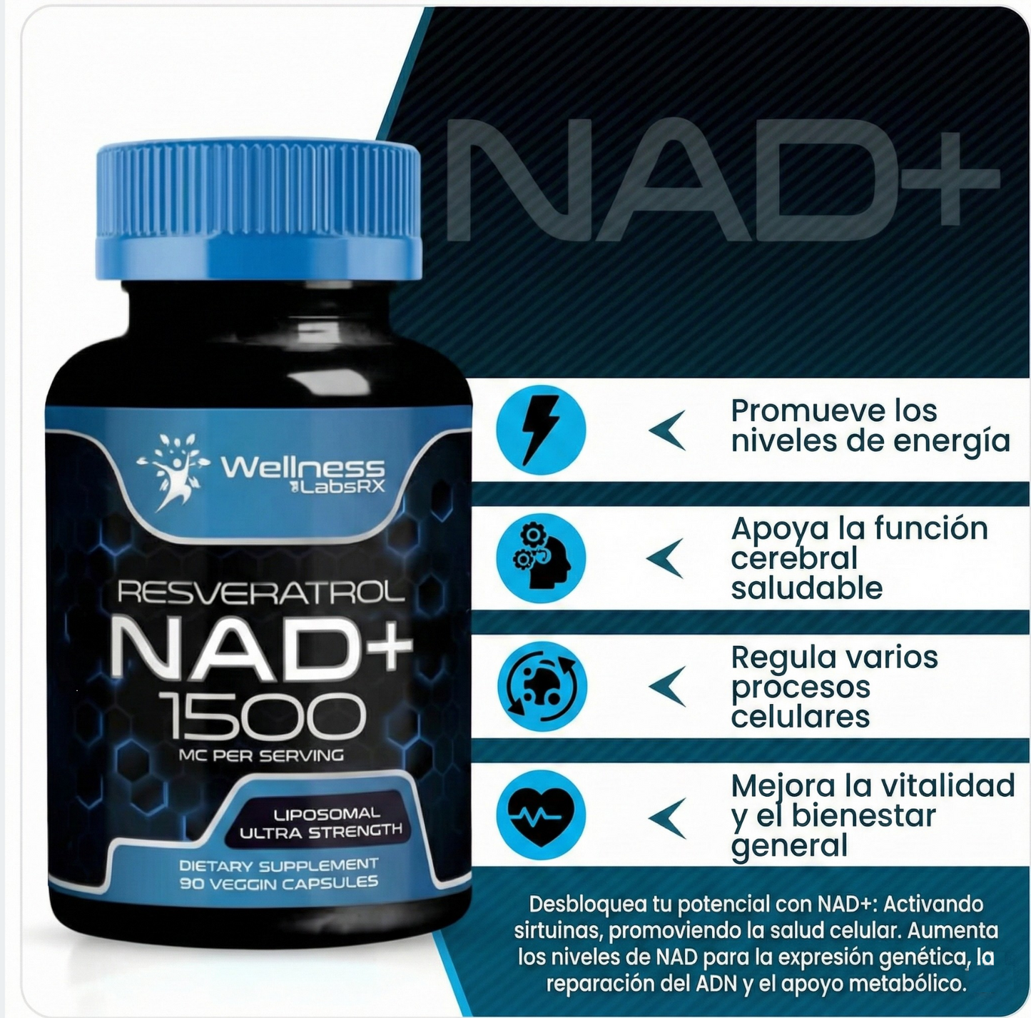 Suplemento liposomal NAD+ con resveratrol